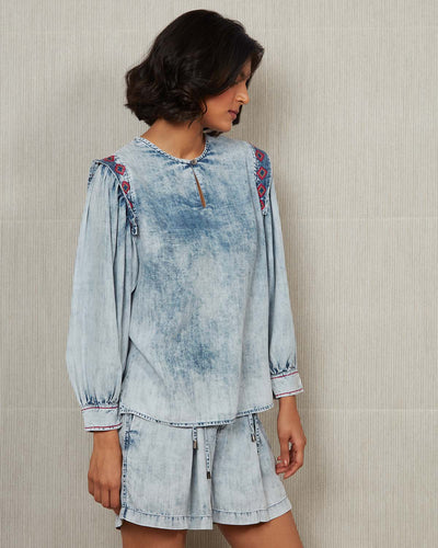 Pause Pacifico Puff Sleeve Denim Top Blue