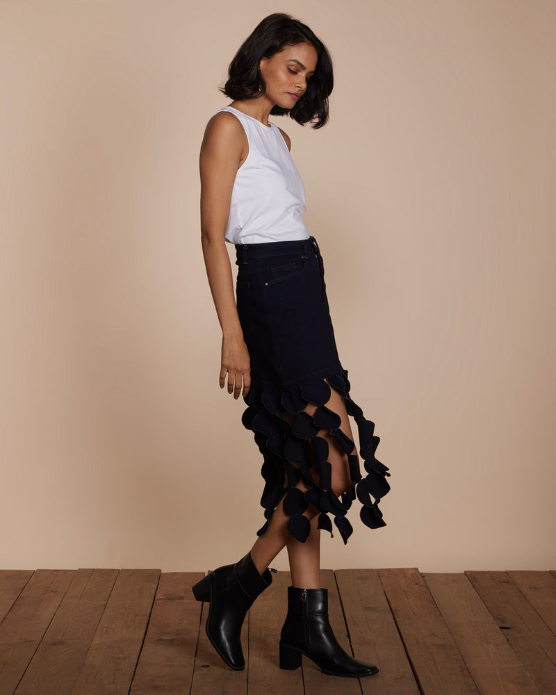 Pause Sway With Me Laser Cut Denim Skirt 