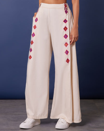 Pause Pebble Beach Embroidered Wide-Legged Pants Beige