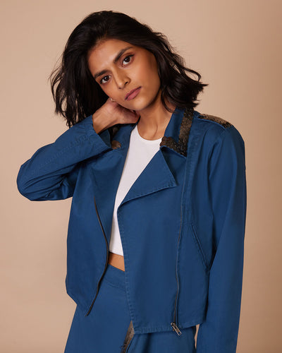 Pause Love You Twice Cropped Jacket Blue
