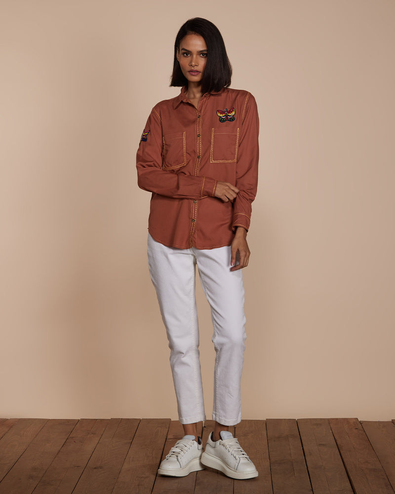 Pause Mochaccino Embroidered Shirt Brown