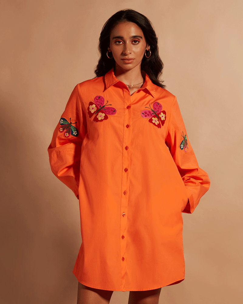 Pause Lucky Me Embroidered Shirt Dress Orange