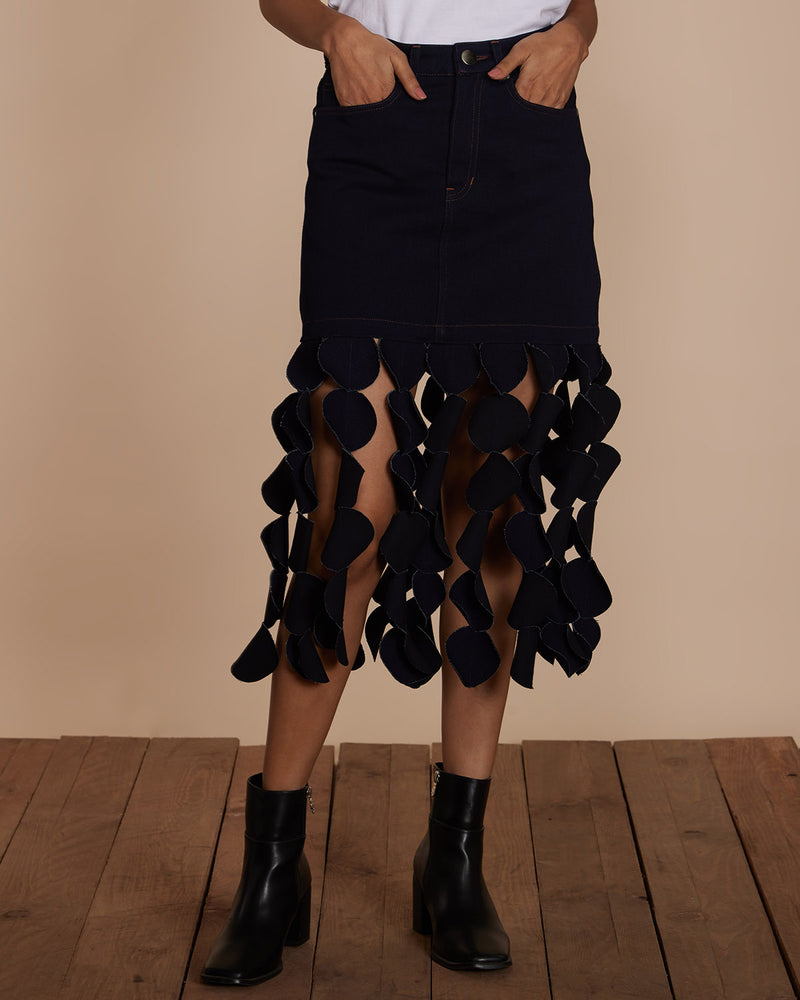 Pause Sway With Me Laser Cut Denim Skirt Blue