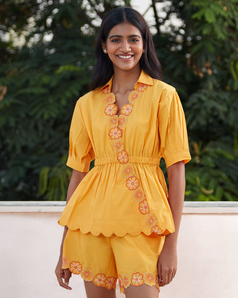 Pause Butter Up Embroidered Peplum Top Yellow