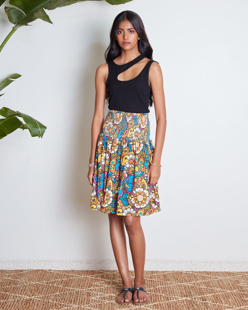 Pause Trippy Hippie Smocked Floral Skirt 
