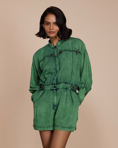 Pause Flux Embroidered Denim Playsuit Green