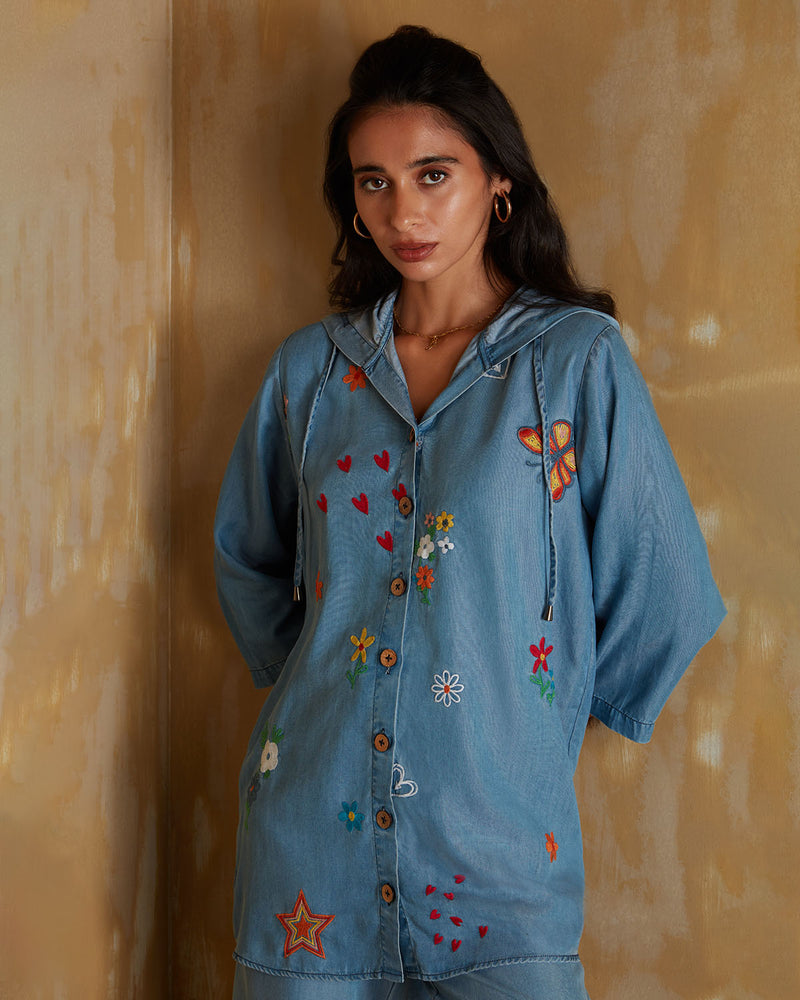 Pause Love Letter Embroidered Hooded Shirt Blue