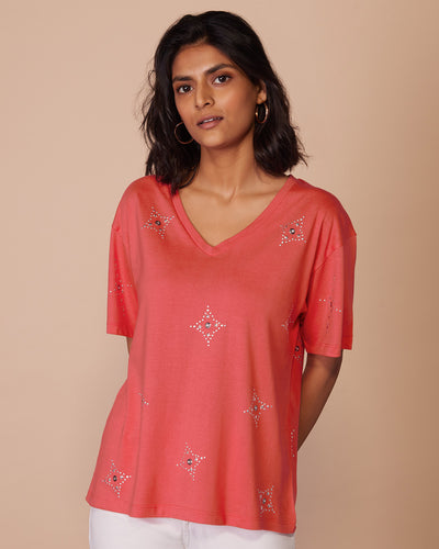 Pause Coral Crush Embellished T-shirt Coral