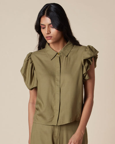 Pause Stay Wild Puff Sleeve Top Olive