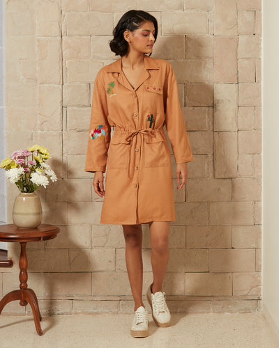 Pause Vintage Summer Embroidered Shirt Dress Brown