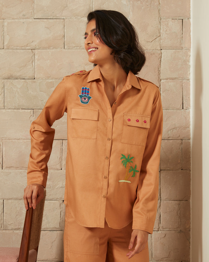 Pause Vintage Summer Embroidered Shirt Brown