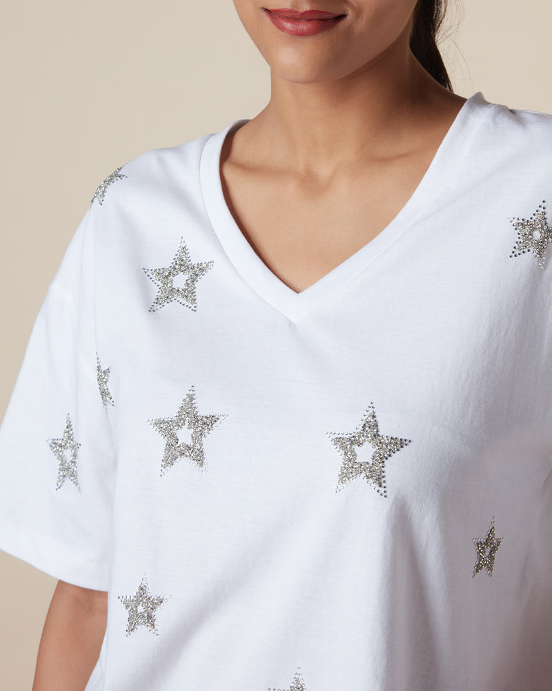 Pause Silver Star Embellished T-Shirt 