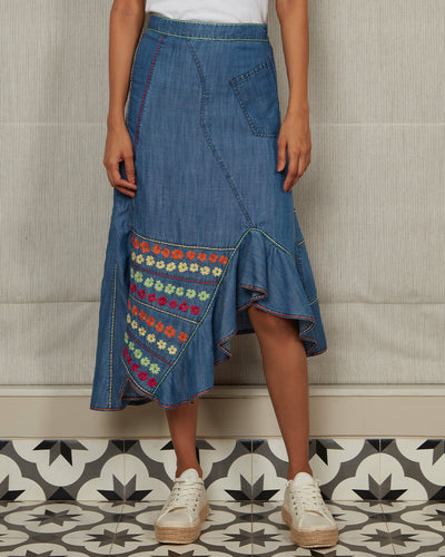 Pause Out And About Embroidered Asymmetrical Denim Skirt Blue
