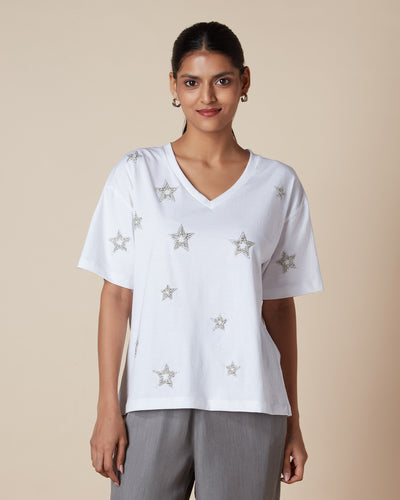 Pause Silver Star Embellished T-Shirt White