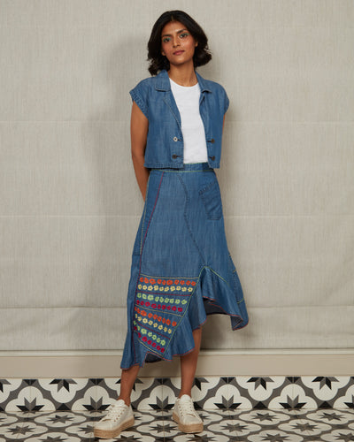 Pause Out And About Embroidered Asymmetrical Denim Skirt 