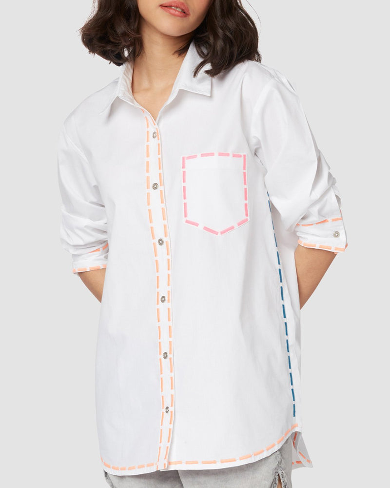 Pause On A Roll Embroidered Oversized Shirt White