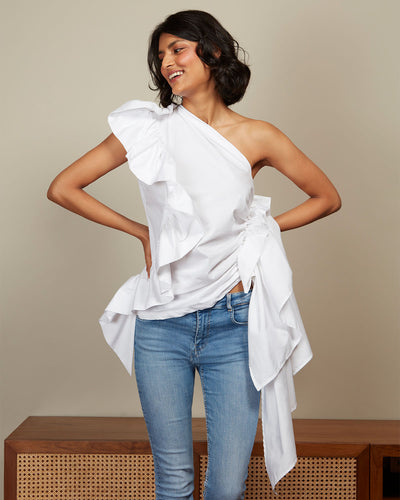 Pause One Last Time Ruffle One Shoulder Top White