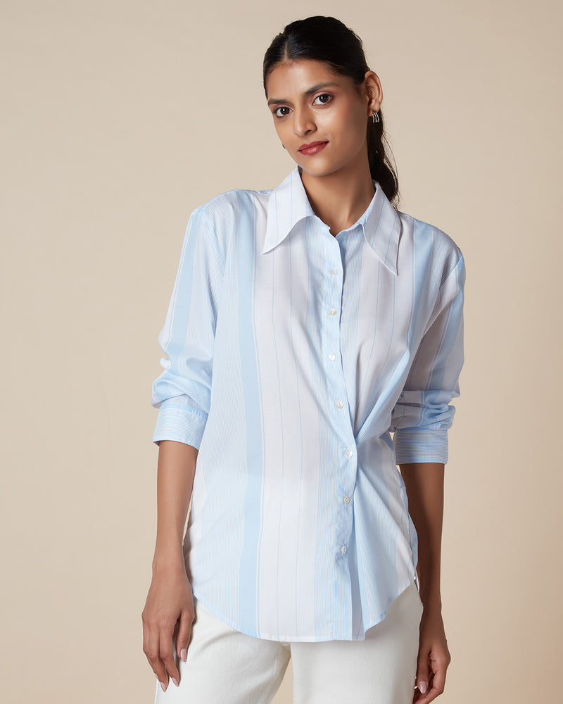 Pause Catching Waves Striped Twist Front Shirt Blue