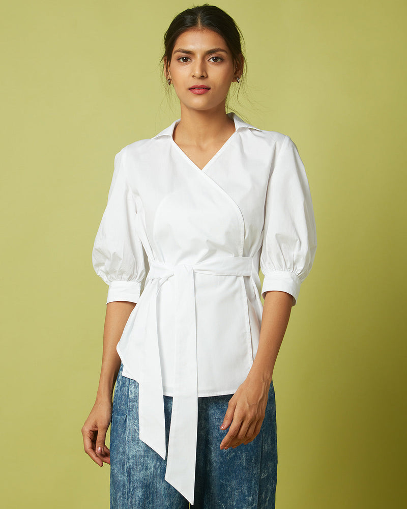 Pause Sweetest Thing Puff Sleeve Belted Top White
