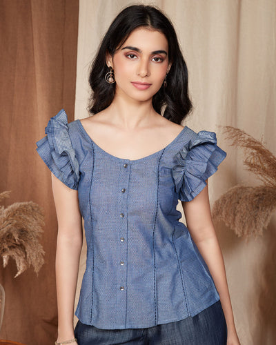 Pause Oasis Ruffle Sleeve Denim Top 