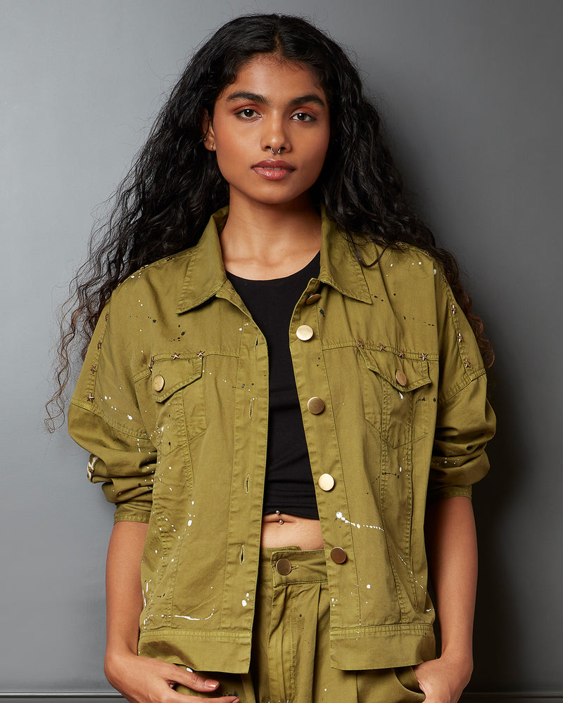 Pause New Wave Paint Splatter Jacket Olive