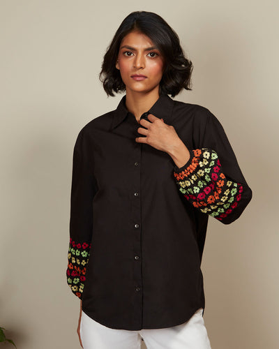 Pause Mystic Meadow Balloon Sleeve Embroidered Shirt Black