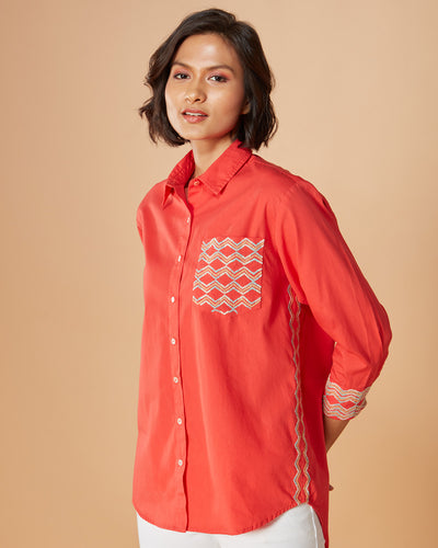 Pause Candy Embroidered Oversized Shirt Red