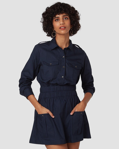 Pause Talk Of The Town Smocked Shirt Dress Blue