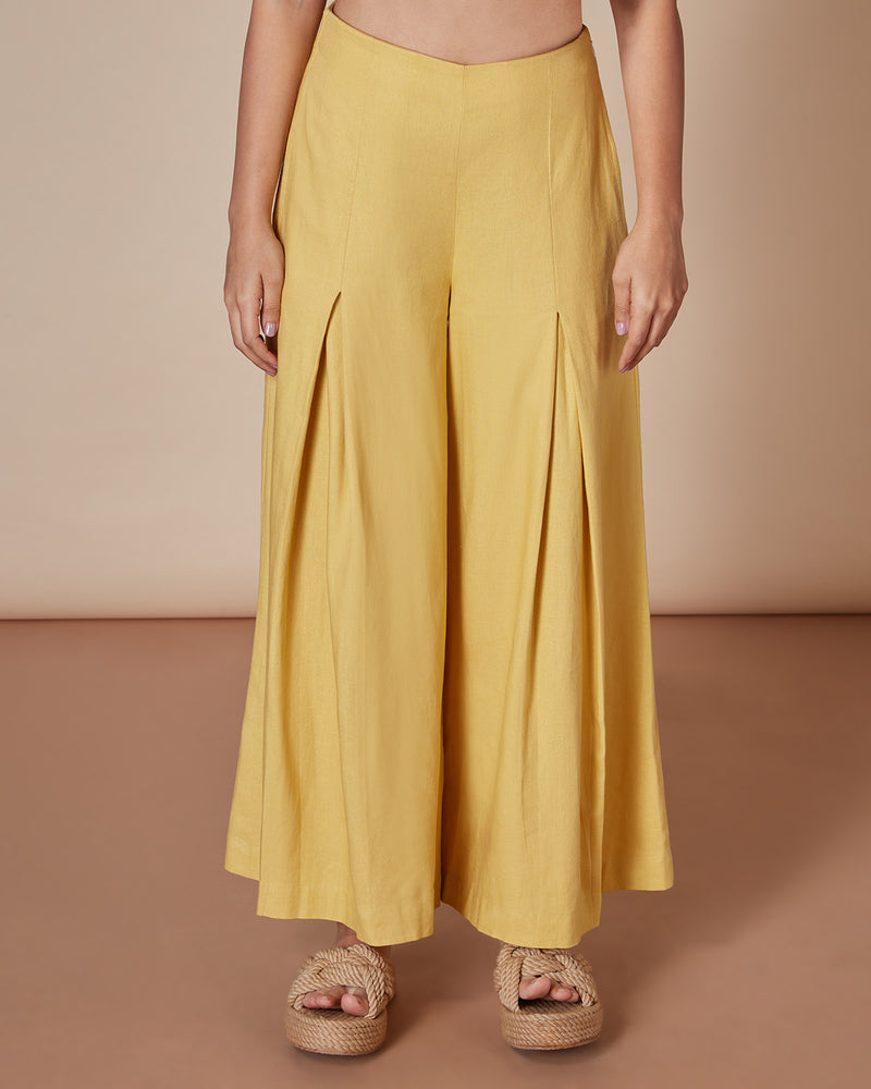 Pause Stay Golden Pleated Wide-Legged Pants Yellow